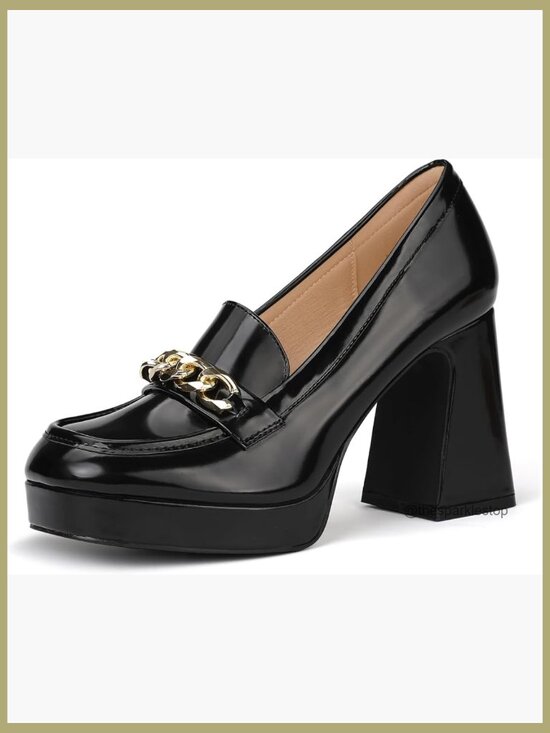 Shoes - Platform Chunky Block Heeled Loafers with Metal Chain for Prom Graduation